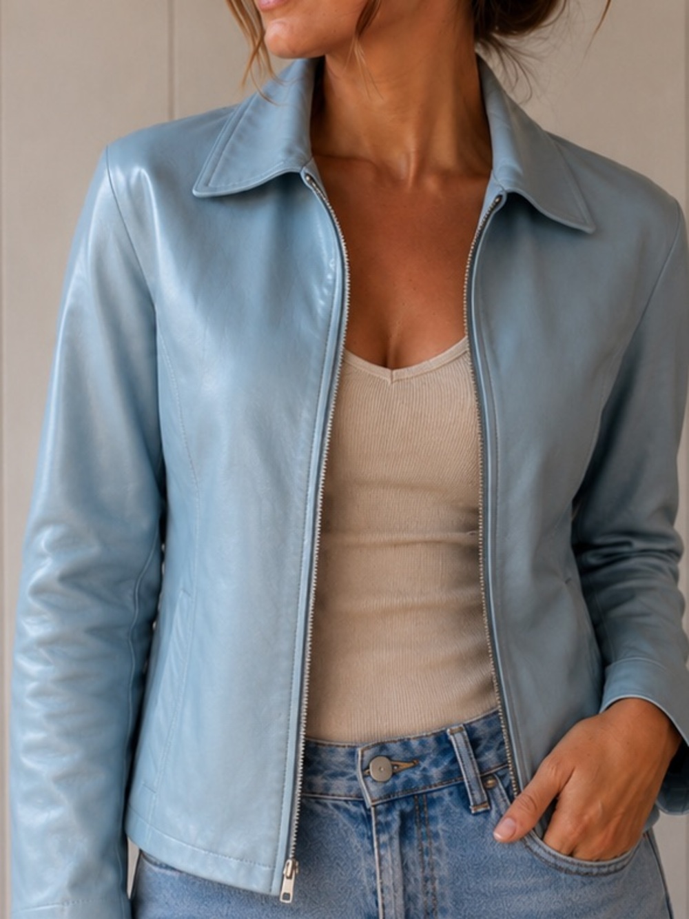 Vintage Denver Hayes Baby Blue Genuine Leather Jacket Women’s M Y2K Friends